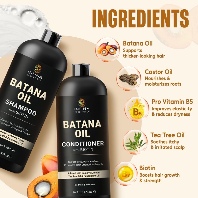 INFINA ESSENTIALS Batana Oil Shampoo and Conditioner Set | 16 fl oz Each | with Biotin & Tea Tree | Moisturizing, Strengthening & Nourishing Formula | Promotes Hair Growth and Thickness