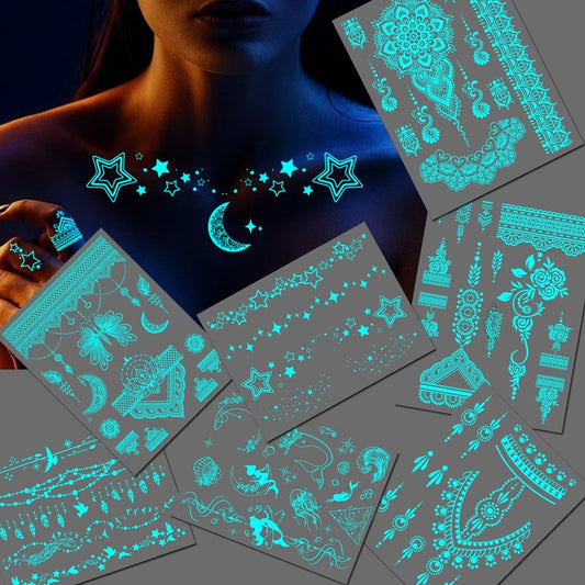 Casciybo Glow In The Dark Tattoo 7 Sheets for Women, UV Blacklight Reactive Face Temporary Tattoos for Adults Fake Flower Butterfly Waterproof Face Body Arm Tattoo, Night Glitter Party Supply