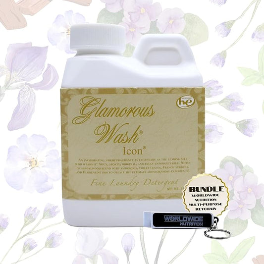 Worldwide Nutrition Bundle: Tyler Glamorous Wash Icon Scent Laundry Liquid Detergent - Luxury Liquid Laundry Detergent - 4 oz, 112-gram Container and Multi-Purpose Key Chain