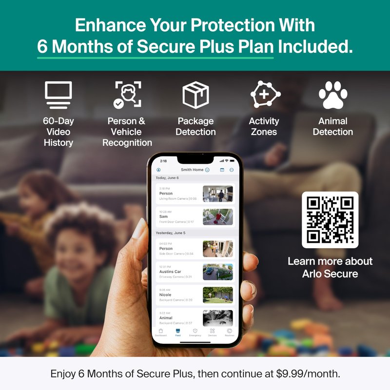 Arlo Essential Security Camera (3rd Gen - 2025 Release) 3 Cam + 3 Solar Panels + 6 Months of Secure Plus Plan - 2K, Person Recognition, Package Detection, Animated Preview, Dual-Band WiFi, White