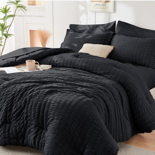 HYMOKEGE Comforter Set - Luxurious Black Seersucker 7-Piece Bedding Set for All Seasons | Includes Sheets & Pillowcases