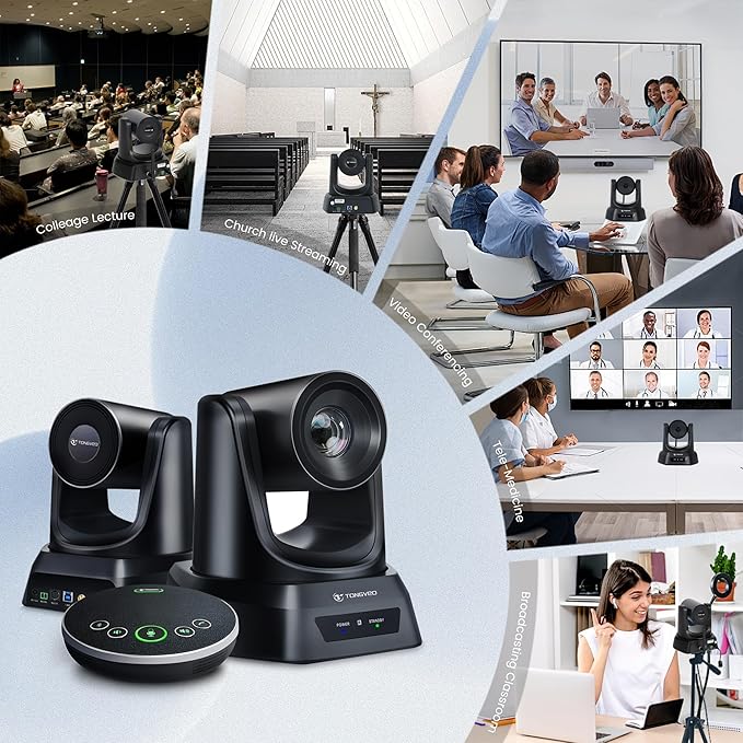 TONGVEO AI Wireless PTZ Camera System with Auto Tracking Built-in Receiver & Bluetooth Speakerphone, 5.8GHz 1080P 60fps Conference Camera with 3X Optical Zoom, for Church Zoom, OBS Meetings