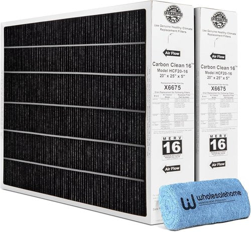 Lennox X6675 Air Filter - MERV 16 Carbon Clean Home Furnace Filter | 20x25x5 Size, 2-Pack with Cleaning Cloth