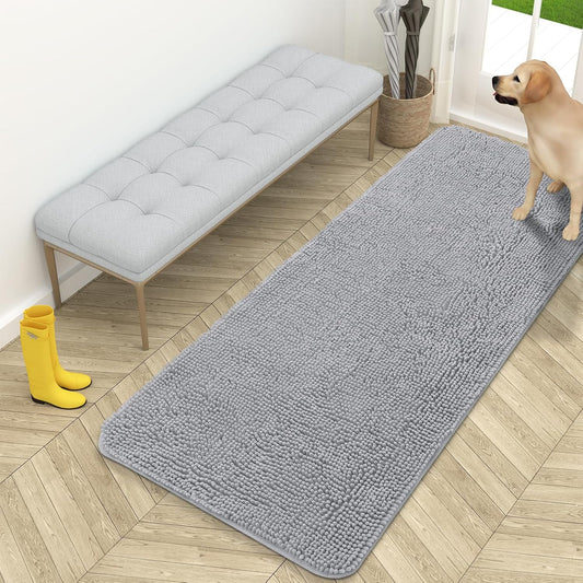 OLANLY Dog Door Mat - Absorbent Non-Slip Mud Mat for Dogs | 59x24 Inches, Quick Dry Chenille, Light Grey