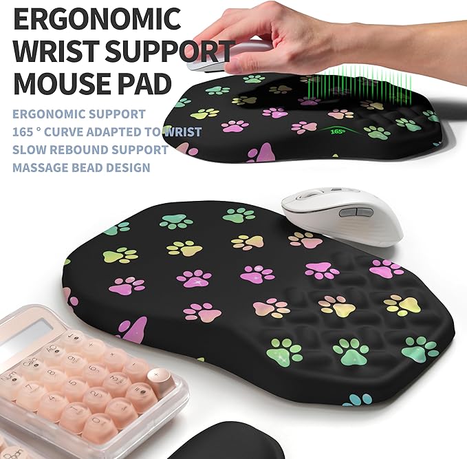 Gleamtide 2-in-1 Ergonomic Set, Wave Keyboard Wrist Rest and Massage Slope Mouse Pad Wrist Support, Rebound Memory Foam for Relieve Carpal Tunnel Syndrome and Wrist Pain (Cute Cat Claws)