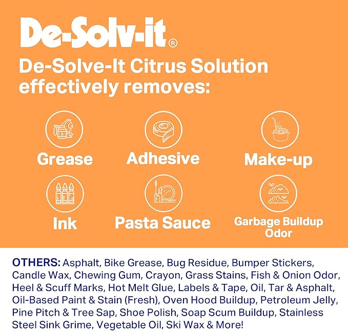 Orange-Sol De-Solv-It Citrus Solution â Multi-Surface Cleaner & Degreaser, Removes Sticky Residue, Oil & Grease, 33 oz (Pack of 2)