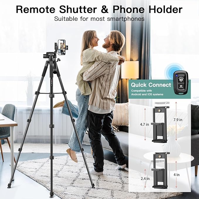 Camera Tripod Stand, 68" Phone Tripod for Tablet with Remote and Holder, Lightweight and Compact Travel Tripod for Canon Sony Camera, Compatible with DSLR, iPhone, iPad