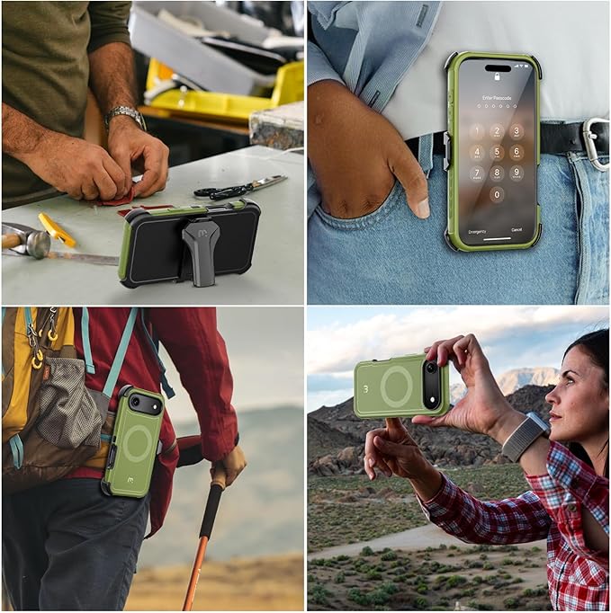 M MYBAT PRO for iPhone Air Case with Belt Clip Holster,[Compatible with Magsafe] w/Screen Protector,Anti-Drop,Shockproof,w 360°Rotating Kickstand,Heavy Duty Protection (Blue) (Army Green)