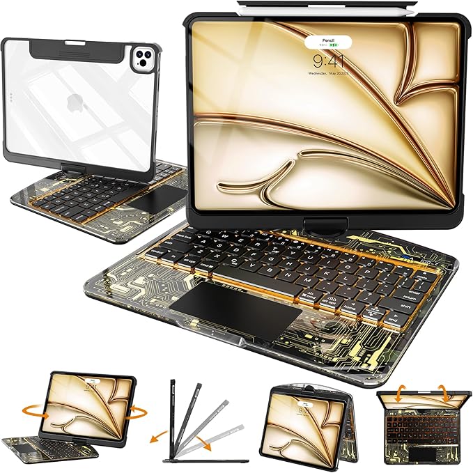 Intermerge Transparent Keyboard Case for iPad Pro 11"(M5,2025/ M4,2024), 360° Swivel Multi-Touch Trackpad, 7-Color RGB Backlit, Pencil Holder, Type-C, Power Indicator, Shadow Pulse