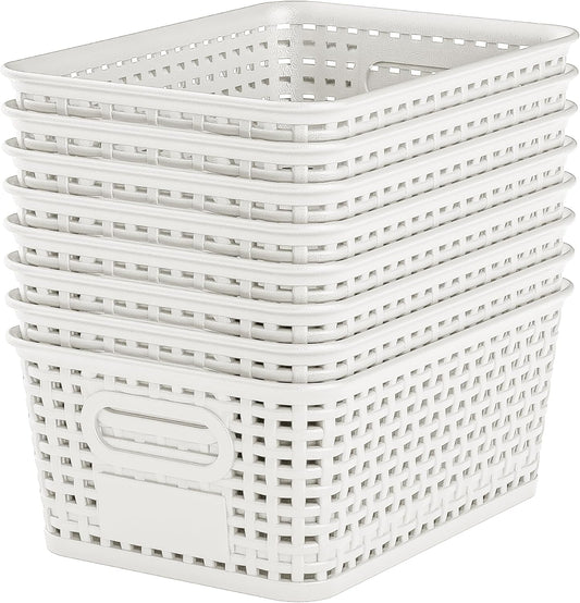 White Plastic Storage Baskets by [Brand Name] - Durable Stackable Bins with Labels | Pack of 8 for Organizing Desktops, Closets, and More