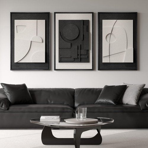 Large 3D Textured Framed Black and White Abstract Wall Art | Modern Minimalist 3-Piece Set for Living Room