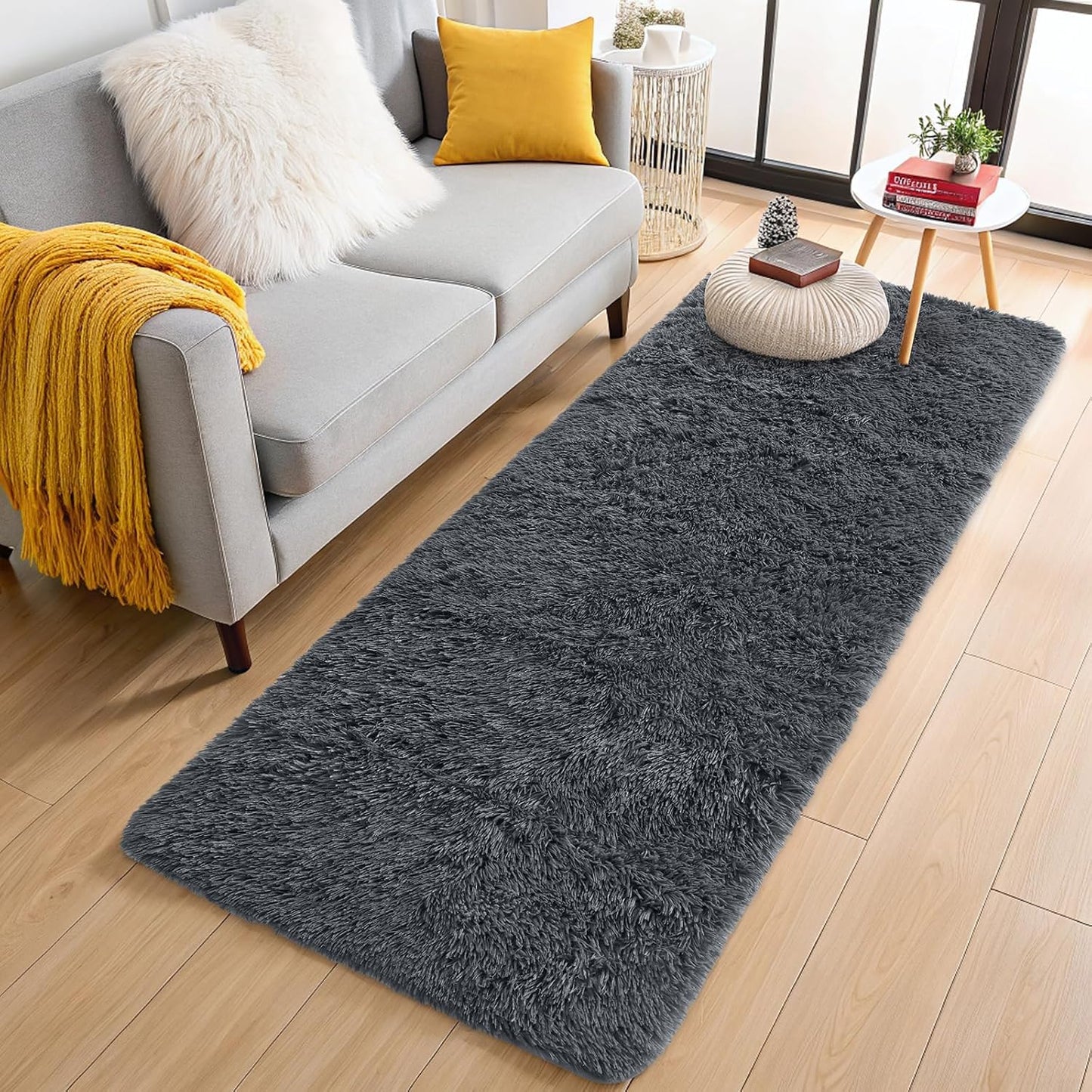 OLANLY 3x6 Machine Washable Runner Rug - Soft Fluffy Shaggy Carpet for Bedroom & Hallway - Grey