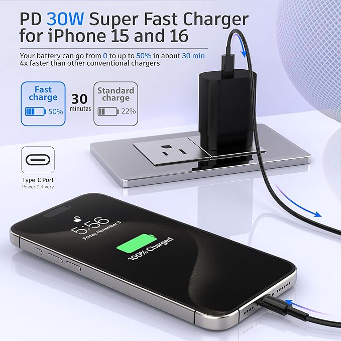 TT&C 4-Piece 30W USB-C Fast Charger Kit with 10FT & 6.6FT Cables, PD 3.0 Wall Block Compatible with iPhone 17 16 15, Galaxy S26 S25 Ultra & iPad (Black)