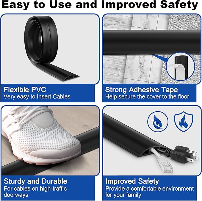 LZEOY 4ft Cord Cover for Wires on Floor, Grey Extension Cable Management, Hide Electrical Hider Protector, Cable Cavity: 0.78" W x 0.32" H