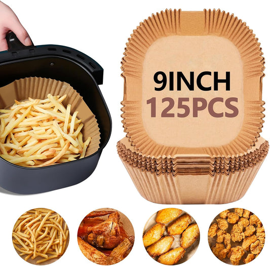 UBeesize 9-Inch Air Fryer Parchment Liners - 125 Pack of Square Non-Stick Baking Sheets (8-Inch Base)