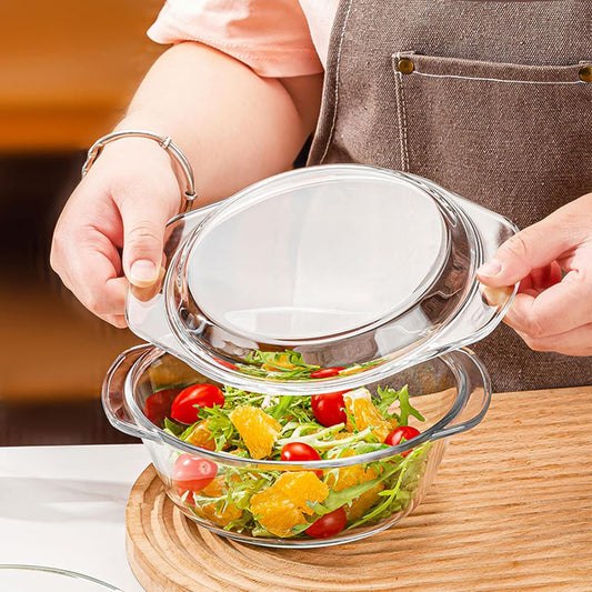 Skiennix Casserole Baking Dish - 2-Piece Mini Round Set with Handle & Lid | Tempered Glass, 3/4 Quart, Oven Safe