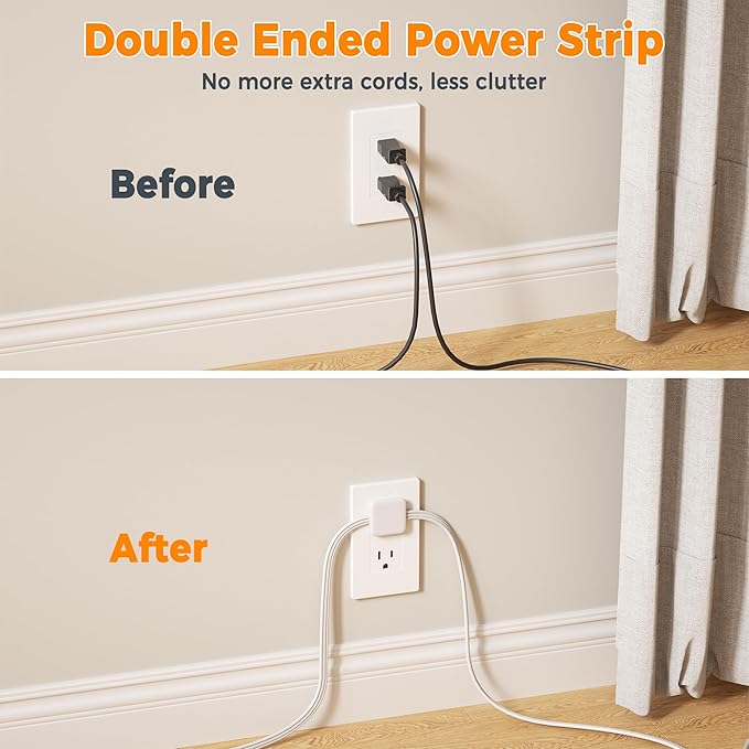TESSAN Double Ended Flat Plug Power Strip, Twin Extension Cord 12 FT, 3 Non Blocking Outlets 6ft Power Splitter on Each Side, Dual Split Surge Protector Outlet Extension for Home Office Dorm Room