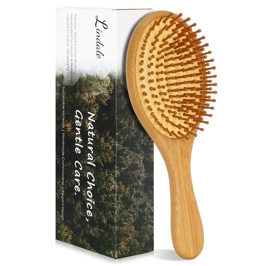 Lindale Wooden Hair Brush for Women Men, Natural Bamboo Detangler Paddle Hairbrush for Hair Growth Massaging Scalp, Reduces Static for Curly Hair with Ergonomic Handle Oval