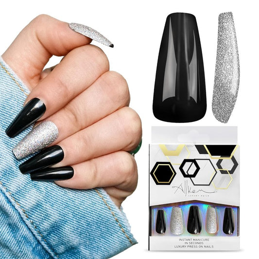 Press On Nails - Midnight Black Medium Long Tapered Ballerina | 20 Pcs Coffin Nail Kit with Glue, 10 Sizes