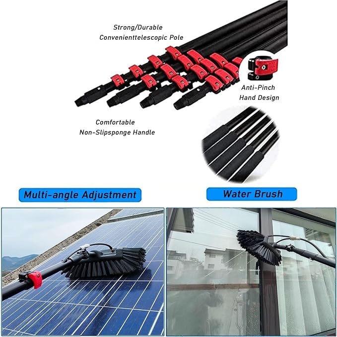 Window Cleaning Wand, Water Feeding Telescopic Brush for Pv Panel Cleaning - 12m/40ft, Roof Cleaning Tool Window Cleaner Kit,35cmbrushhead-12M/39FT