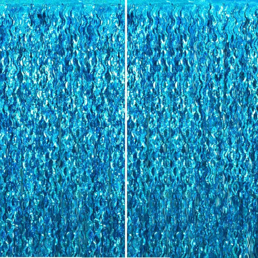 TONIFUL Wavy Metallic Tinsel Foil Fringe Curtains - Teal Blue Backdrop for Parties & Photo Booths (6.6ft x 6.6ft)