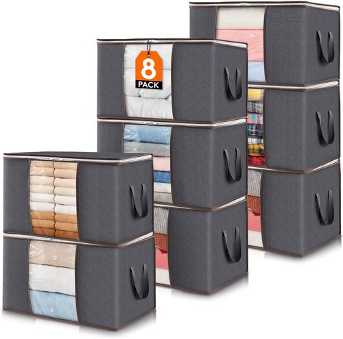 Lifewit 60L Clothes Storage Bins - 8 Pack Foldable Bags with Lids, Clear Window & Reinforced Handles