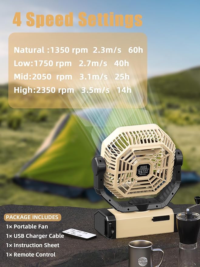Orteen Camping Fan Rechargeable - 9-Inch Battery Powered Fan, 24000mAh(60Hrs) Battery Operated for Camping, Auto Oscillation Cordless, Tent Fan with Remote/Light, 4 Speeds, 4 Timing, Outdoor