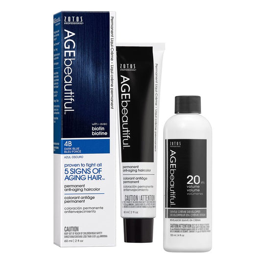 AGE beautiful Permanent Hair Color Dye Liqui Creme & Developer 20 Volume | 100% Gray Coverage | Anti-Aging | Biotin for Thicker, Fuller, Healthier Hair | 4B Dark Blue