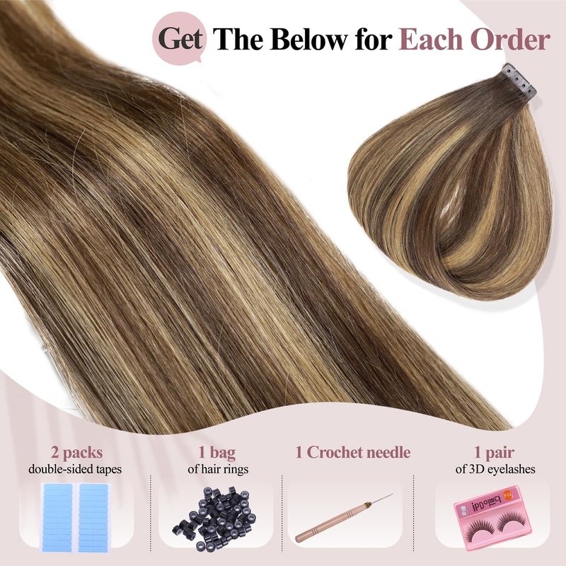 WIGER Micro Bead Hair Extensions Ombre Brown Mixed Blonde Insert Skin Weft Extensions 16 In Balayage Remy Human Hair Straight No Glue Brazilian Highlighted Hair Extensions (40g, 20 Pcs)