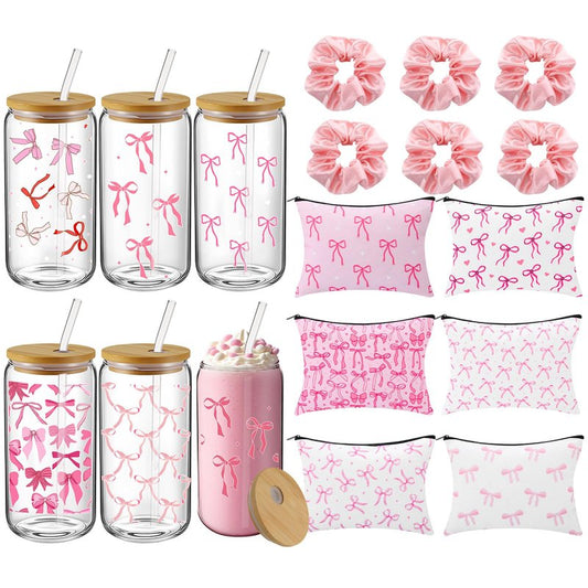 Reallnaive 18 Pcs Pink Bow Glass Cups with Lids Coquette Party Favors Bow Cosmetic Makeup Bag Pink Hair Scrunchies Ties for Pajama Party Bridesmaid Bridal Birthday Wedding Valentines Christmas Gift