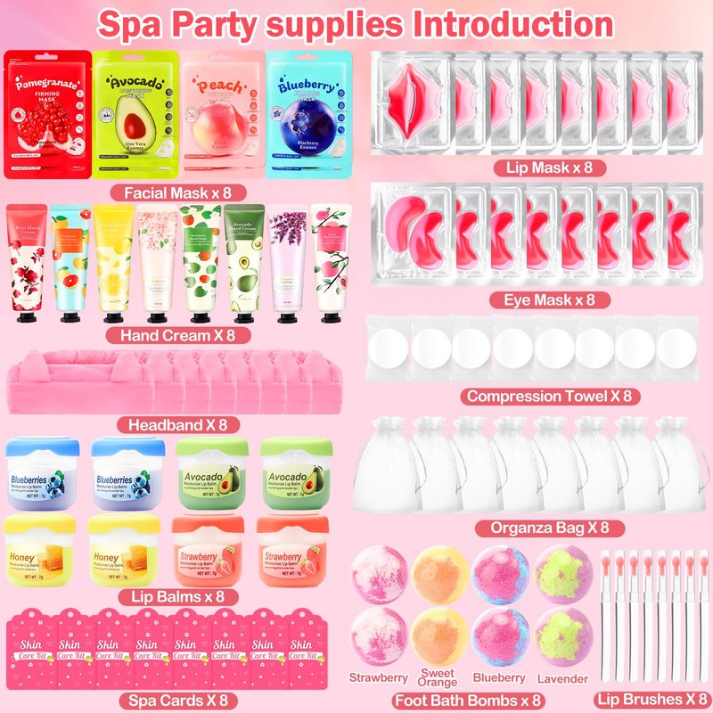 Ponhey 88 PCS Spa Party Supplies, Spa Party Favors Include Face Masks Skincare, Hand Cream, Lip Balm, Under Eye Patches, Lip Mask and Foot Bath Bombs, Spa Birthday Sleepover Party Supplies