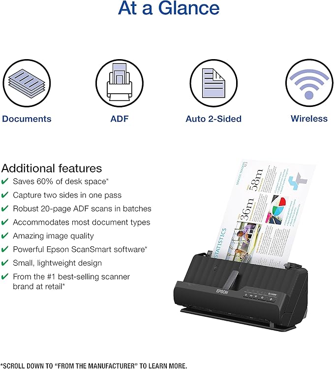 Epson Workforce ES-C320W - Wireless Compact Desktop Document Scanner - 2-Sided Scanning Auto Doc Feeder - Can Scan Paper and Cards - Black