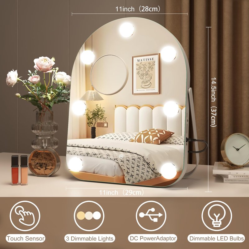 STARLEAD 11"× 14" Makeup Mirror with Lights and 10X Magnification, 3-Color Dimmable LED Lighting & Touch Control, 360°Rotation for Travel/Dressing Room, Arched
