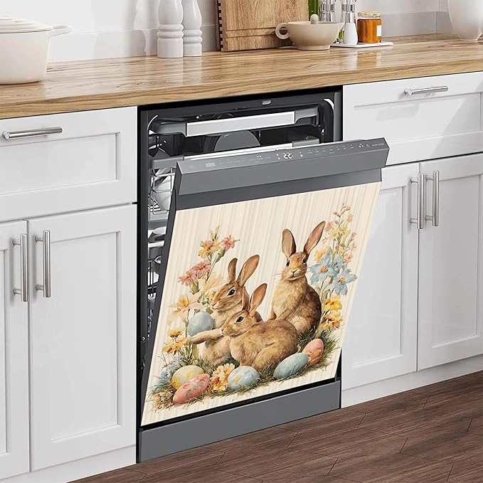 NYZE Easter Dishwasher Magnets Cover, Bunnies Dishwasher Magnetic Sticker Decorative, Reusable Dish Washer Cover for Dishwashers (Three Bunnies)