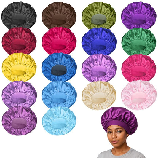 WLLHYF 18 Pcs Large Silk Bonnet for Sleeping, Satin Bonnets Wide Band Hair Bonnet Soft Elastic Hair Wrap Cap Silky Shower Cap for Black Women Men Curly Hairs