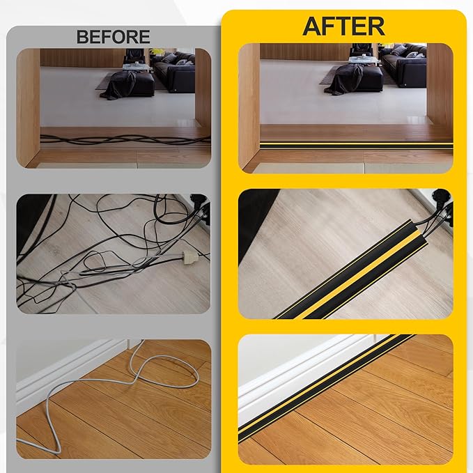 Floor Cord Cover 6.5Ft 2Pcs Heavy Duty PVC Floor Cable Protector Electric Cord Hider Cable Management Floor Strip Extension Cord Covers Cable Raceway for Wires on Floor Inner Channel 1.36" W x 0.43" H