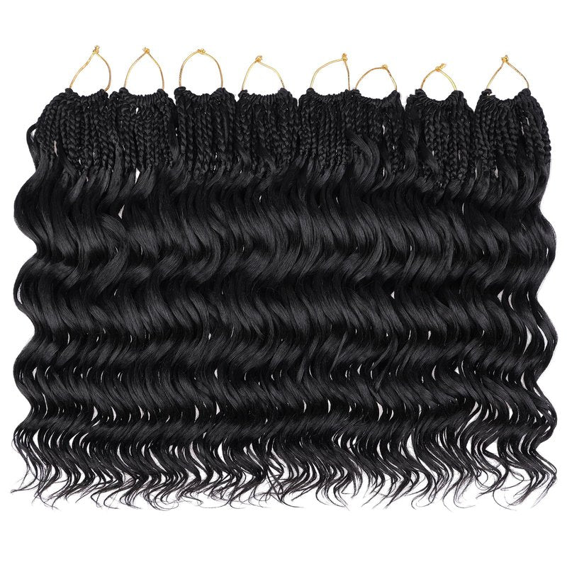 Leeven 18 Inch Pre Looped Ocean Wave Crochet Hair 8 Packs Black Long Curly Crochet Hair Boho Ocean Braids Pre Twisted Synthetic Deep Wavy Crochet Braids for Women
