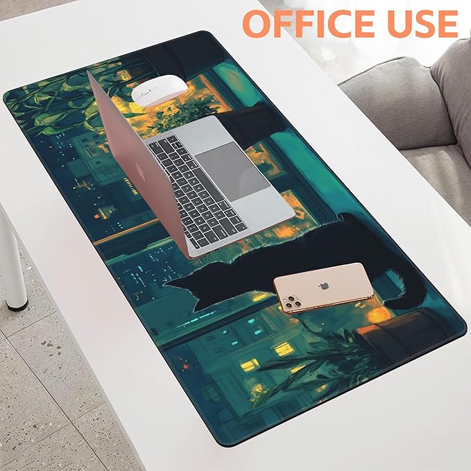 NIYLYNSYN Mouse Pad Large Cat Sitting on The Windowsill Non-Slip Game Desk Mat with Stitched Edge Laptop Keyboard Desk Pad for Work Home Gaming (35.4 x 15.7 Inches)