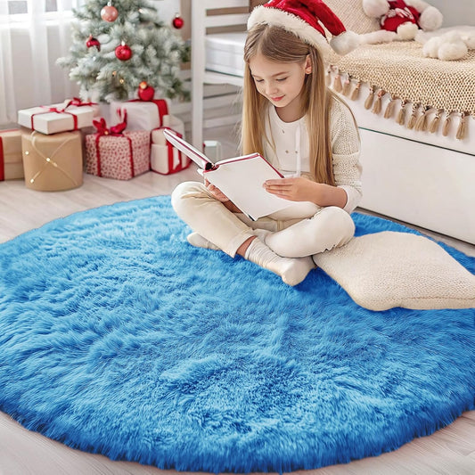 OLANLY Bright Blue Round Rug - Soft & Fluffy 4 ft Circle Area Rug for Bedroom & Living Room Decor