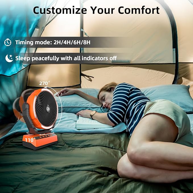 Camping Fan with Light - 20000mAh Rechargeable Battery Fan, 110Hrs Run Time, 4 Speeds, 8H Timers, 110° Auto Oscillation & 270° Pivot Tent Fan with Hook for Camping Power Outage, Hurricane(no adapter)