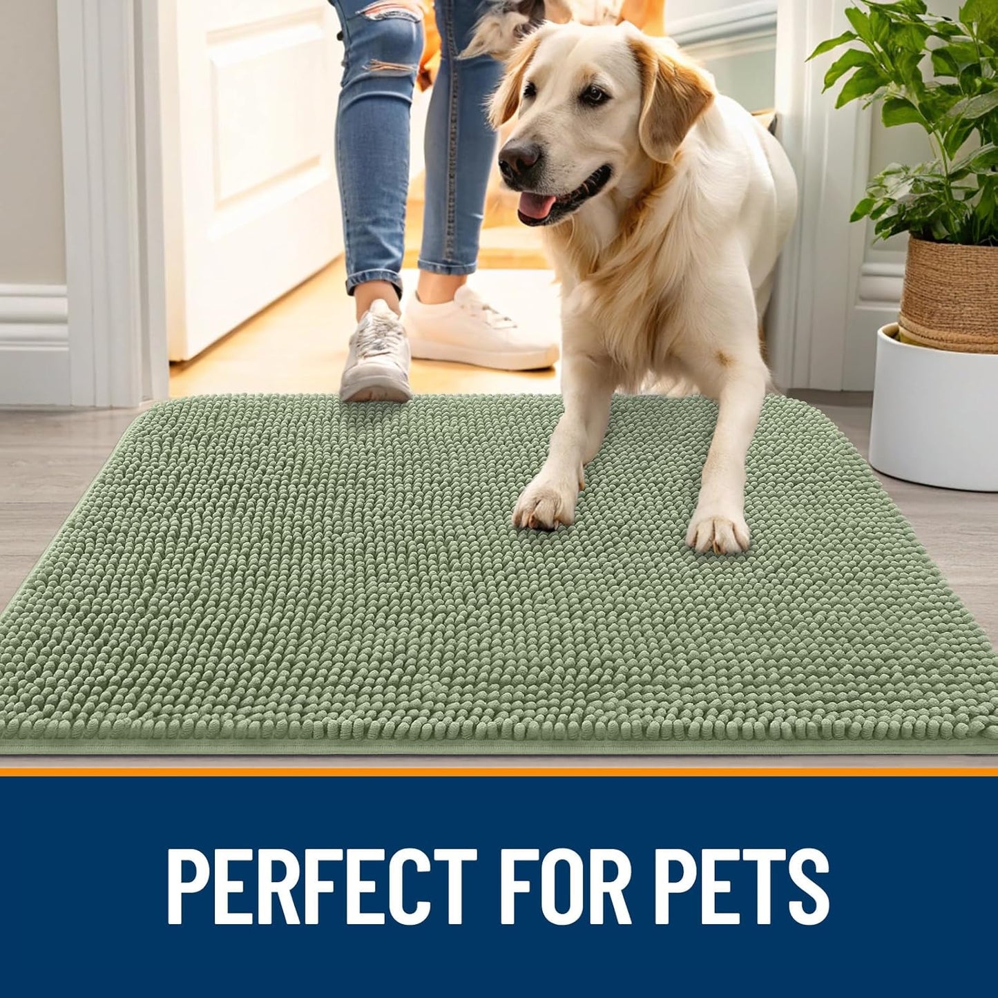 OLANLY Dog Door Mat - Absorbent Non-Slip Washable Chenille Mat for Muddy Paws | 70x35 Sage Green