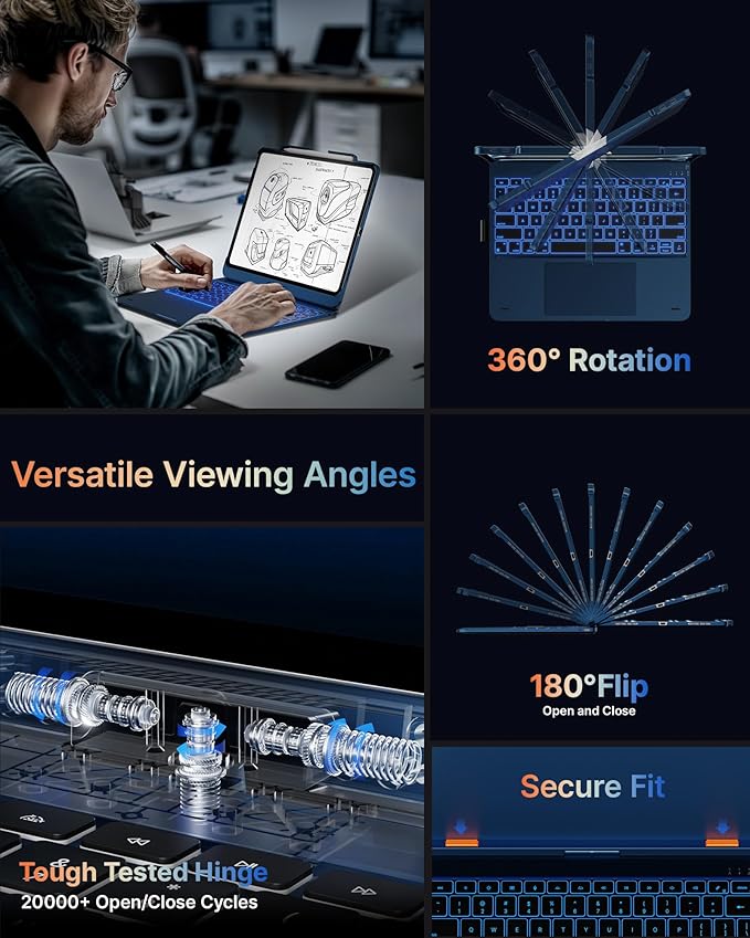 typecase Touch Case with Keyboard for iPad Pro 13"(M5/M4, 2025/2024), iPad Air 13"(M4/M3/M2, 2026/2025/2024) & iPad Pro 12.9", Trackpad, 360° Rotatable, 11-Colors Backlit, Lake Blue