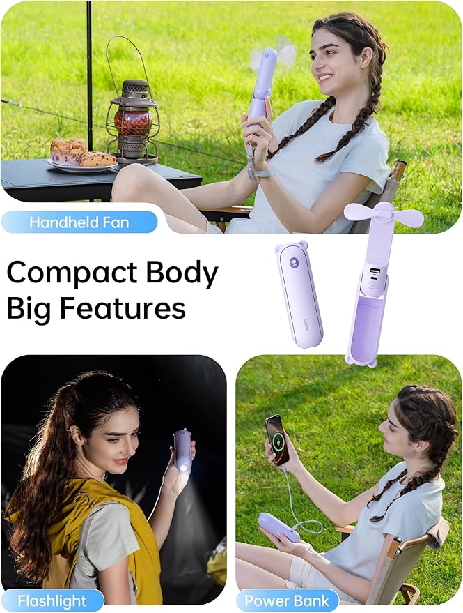 JISULIFE Handheld Fan 8 Plus: All-in-One Mini Fan with 40Hrs Cooling & 4500mAh PowerBank & Flashlight, USB Rechargeable, Portable Pocket Size for Travel, Makeup, Concert, Gifts for Women(Purple)