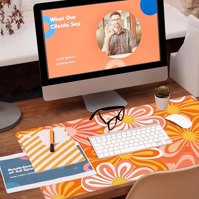 Eflxamz Desk Pad,Hippie Vintage Orange Flowers Desk Mat,Retro Floral Large Gaming Mouse Pad for Desk,Extended Big Computer Keyboard Mouse Pad with Non-Slip Base and Stitched Edge,35.4"x15.7"
