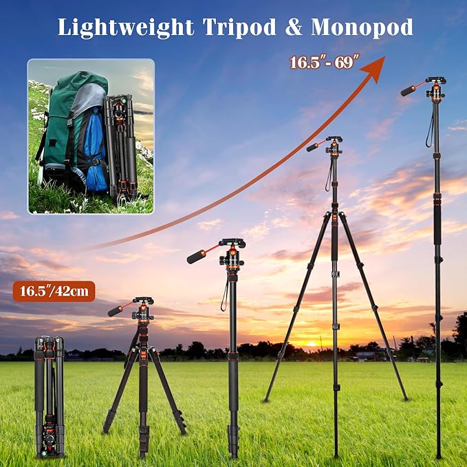 Nietoto 2 in 1 Camera Tripod & Hunting Stand Foldable, 68" Ball Head Tripod for Camera and Phone, Heavy Duty Tripod for DSLR Camera Lasers Binoculars Telescope Spotting Scope, Min Size 16.5" with Bag