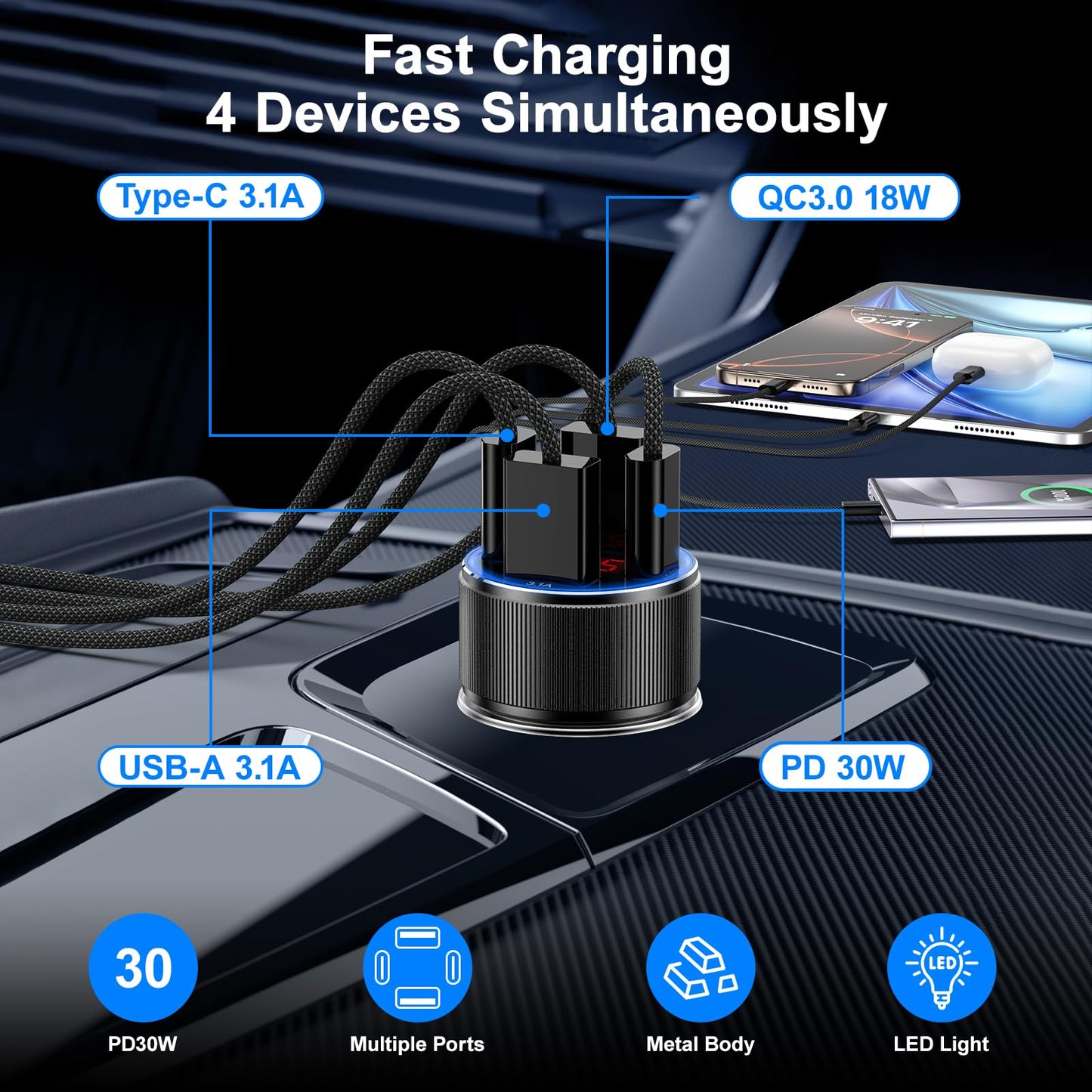 Car Charger USB C, Besgoods 4 Ports Cigarette Lighter USB Charger USB C Car Adapter PD/QC Fast Charging with Voltmeter for iPhone 17 16 15 14 13 12 Galaxy S24 S23 A54 A16 Android Dash Cam, 2Pack