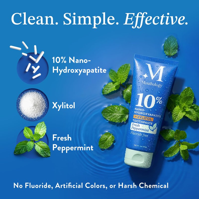 Mouthology 10% Nano Hydroxyapatite Toothpaste (3pk, Fluoride Free), Whitening*, Supports Enamel Care*, Appropriate for Sensitive Teeth*, SLS Free, Xylitol nHA Toothpaste Adults, Mint 4oz (USA Made)