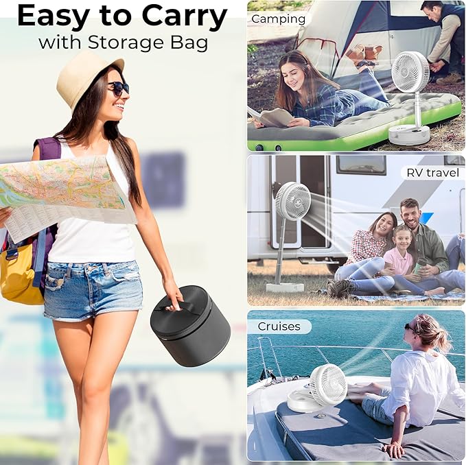 40000mAh Portable Travel Fan, Rechargeable Collapsible Fan, 106H Run, 8 Speeds Standing Oscillating Fan, Battery Powered with Timer & Light for Travel Cruise Essentials RV Outdoor Bedroom Power Outage