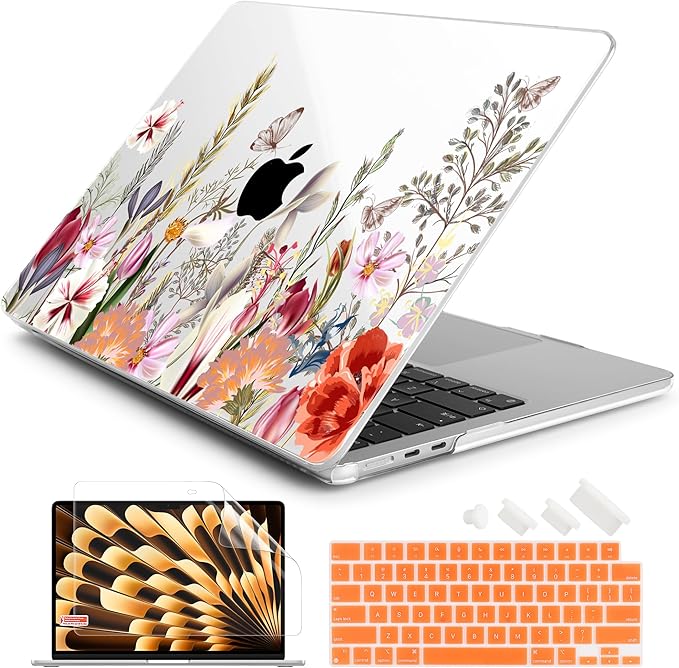 Batianda Premium Case for New MacBook Air 15 inch with M5 M4 M3 M2 Chip 2026 2025 2024 2023 Release, Designed Ultra-Slim Hardshell & Keyboard Cover & Screen Protector 4-in-1 Bundle, Flower Field