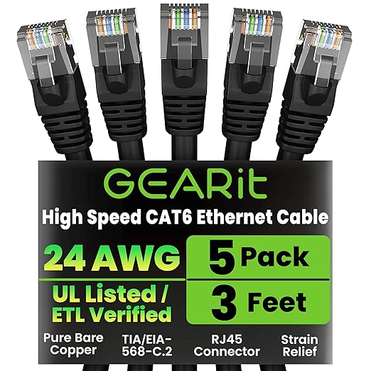 GEARit Cat 6 Patch Cables 3 ft Black (5 Pack) - Cat6 Patch Cables 3ft Black/Ethernet Patch Cable, 10Gbps 550MHz 24AWG Pure Copper, Snagless, Gold Plated RJ45 for Router, Server, Router, PC